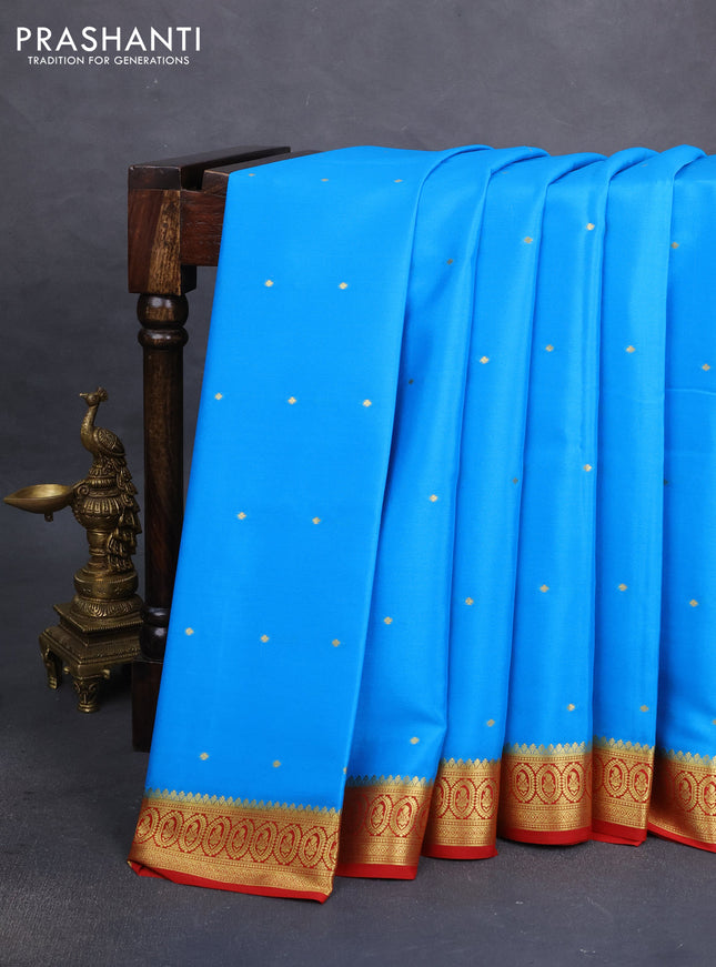 Pure mysore silk saree cs blue and red with zari woven buttas and zari woven border