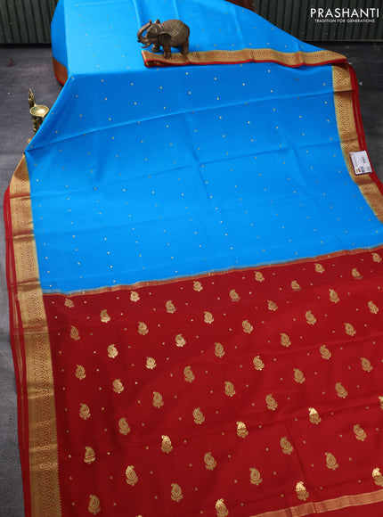 Pure mysore silk saree cs blue and red with zari woven buttas and zari woven border