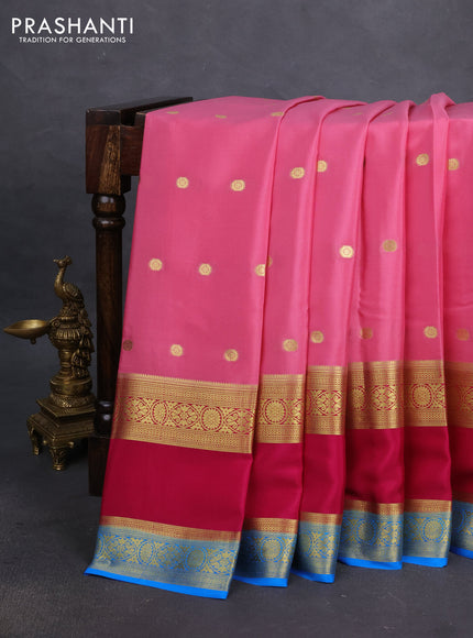 Pure mysore silk saree peach pink and pink blue with zari woven buttas and long rettapet zari woven border