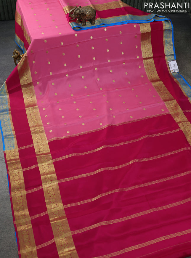 Pure mysore silk saree peach pink and pink blue with zari woven buttas and long rettapet zari woven border