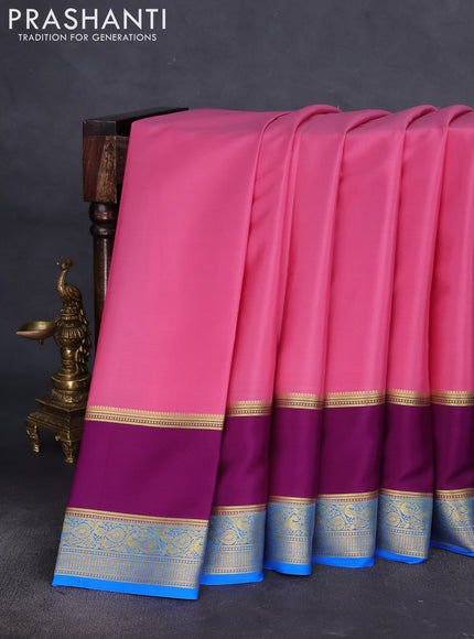 Pure mysore silk saree peach pink and purple cs blue with plain body and long rettapet zari woven border