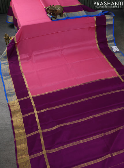 Pure mysore silk saree peach pink and purple cs blue with plain body and long rettapet zari woven border