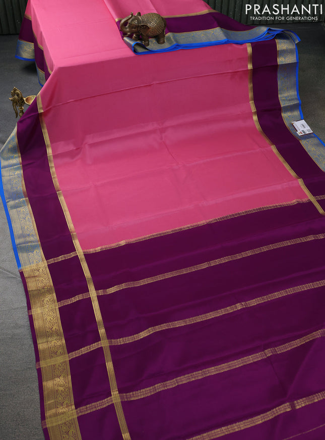 Pure mysore silk saree peach pink and purple cs blue with plain body and long rettapet zari woven border
