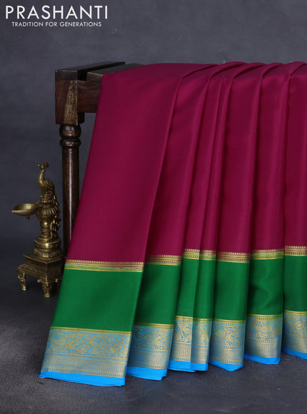 Pure mysore silk saree dark pink and green cs blue with plain body and long rettapet zari woven border