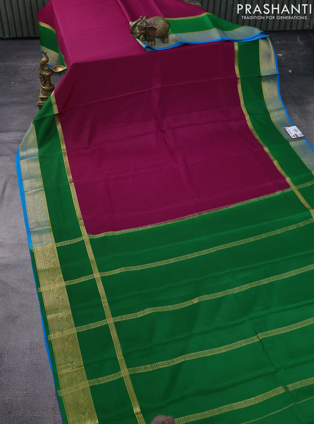 Pure mysore silk saree dark pink and green cs blue with plain body and long rettapet zari woven border