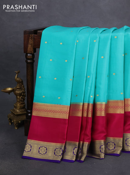 Pure mysore silk saree teal green shade and magenta pink blue with zari woven buttas and long rettapet zari woven border