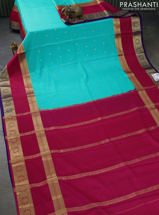 Pure mysore silk saree teal green shade and magenta pink blue with zari woven buttas and long rettapet zari woven border
