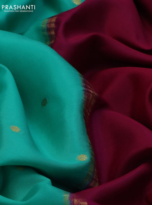 Pure mysore silk saree teal green shade and magenta pink blue with zari woven buttas and long rettapet zari woven border