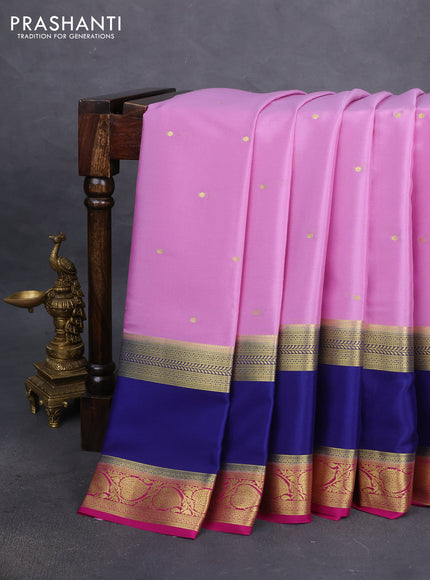 Pure mysore silk saree pastel lavender and blue pink with zari woven buttas and long rettapet zari woven border