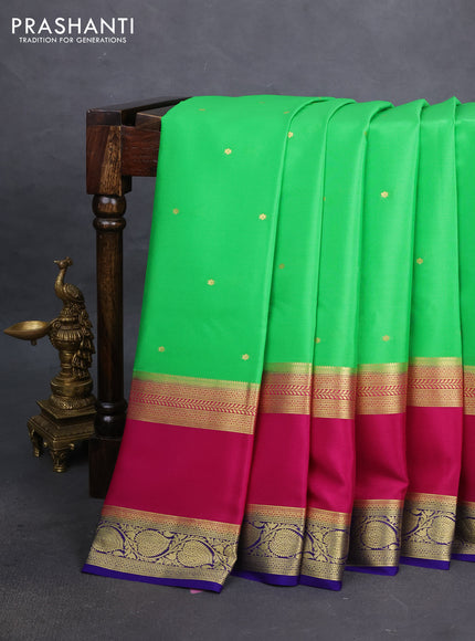 Pure mysore silk saree parrot green and pink blue with zari woven buttas and long rettapet zari woven border