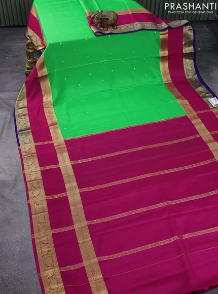 Pure mysore silk saree parrot green and pink blue with zari woven buttas and long rettapet zari woven border