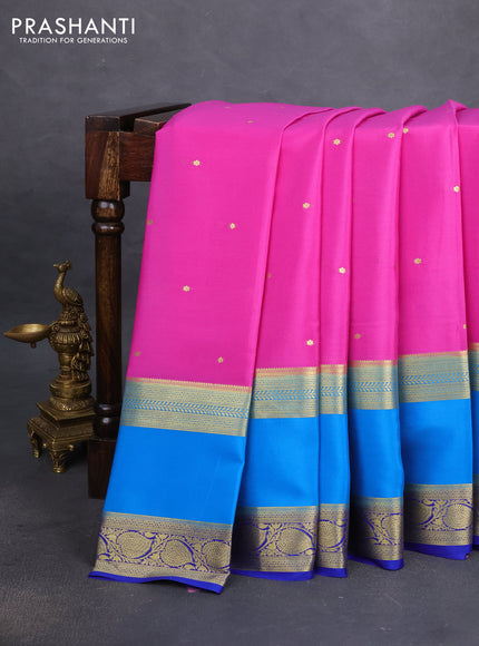Pure mysore silk saree pink and blue cs blue with zari woven buttas and long rettapet zari woven border