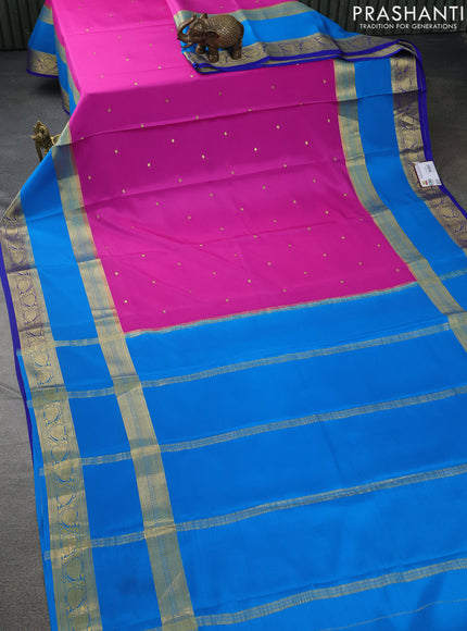 Pure mysore silk saree pink and blue cs blue with zari woven buttas and long rettapet zari woven border