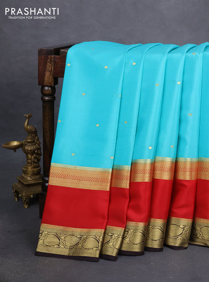 Pure mysore silk saree teal blue and red coffee brown with zari woven buttas and long rettapet zari woven border