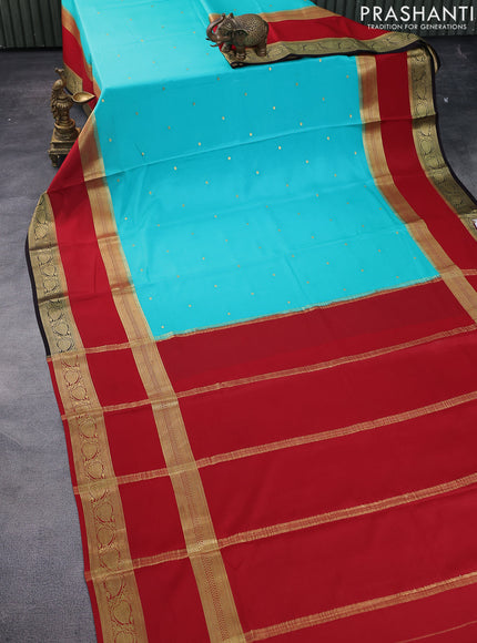 Pure mysore silk saree teal blue and red coffee brown with zari woven buttas and long rettapet zari woven border