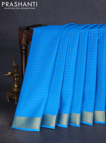 Pure mysore silk saree blue with allover zari checked pattern and zari woven border
