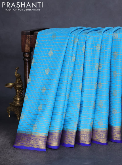 Pure mysore silk saree light blue and blue with allover zari checks & buttas and zari woven border