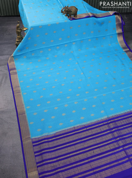 Pure mysore silk saree light blue and blue with allover zari checks & buttas and zari woven border