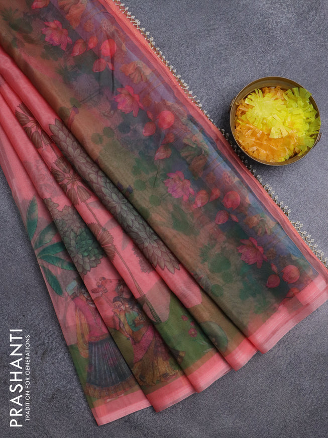 Semi organza saree dark peach with floral butta prints and long printed border