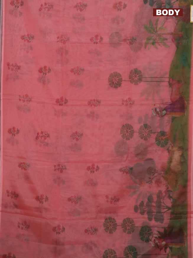 Semi organza saree dark peach with floral butta prints and long printed border