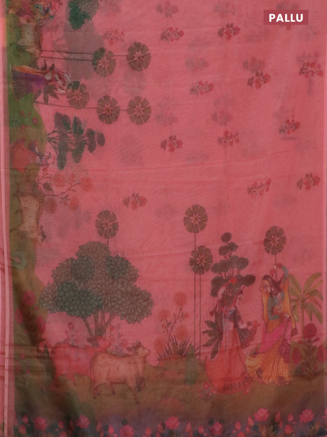 Semi organza saree dark peach with floral butta prints and long printed border