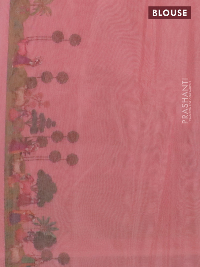 Semi organza saree dark peach with floral butta prints and long printed border