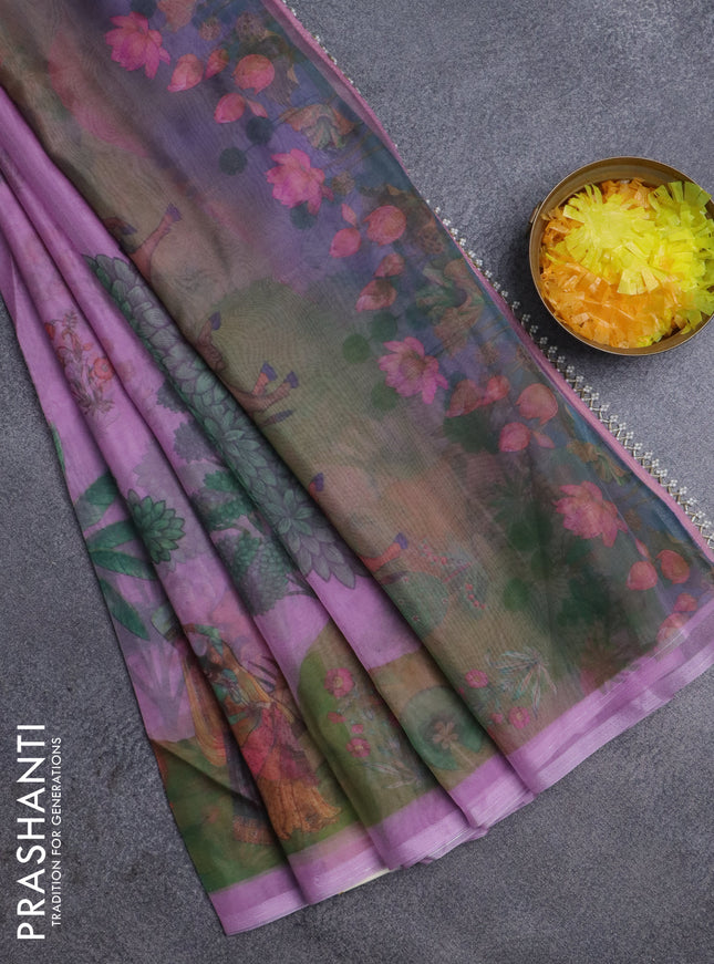 Semi organza saree lavender with floral butta prints and long printed border