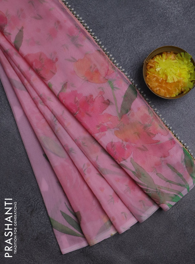 Semi organza saree peach pink with floral prints in borderless style