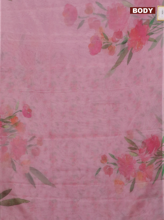 Semi organza saree peach pink with floral prints in borderless style
