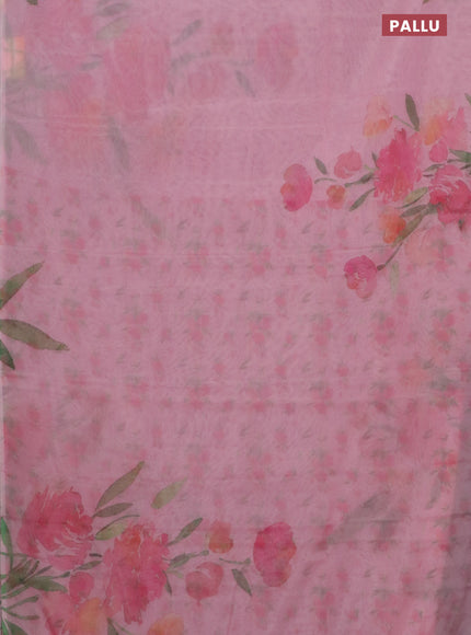 Semi organza saree peach pink with floral prints in borderless style