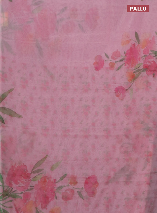 Semi organza saree peach pink with floral prints in borderless style