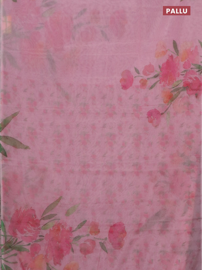 Semi organza saree peach pink with floral prints in borderless style