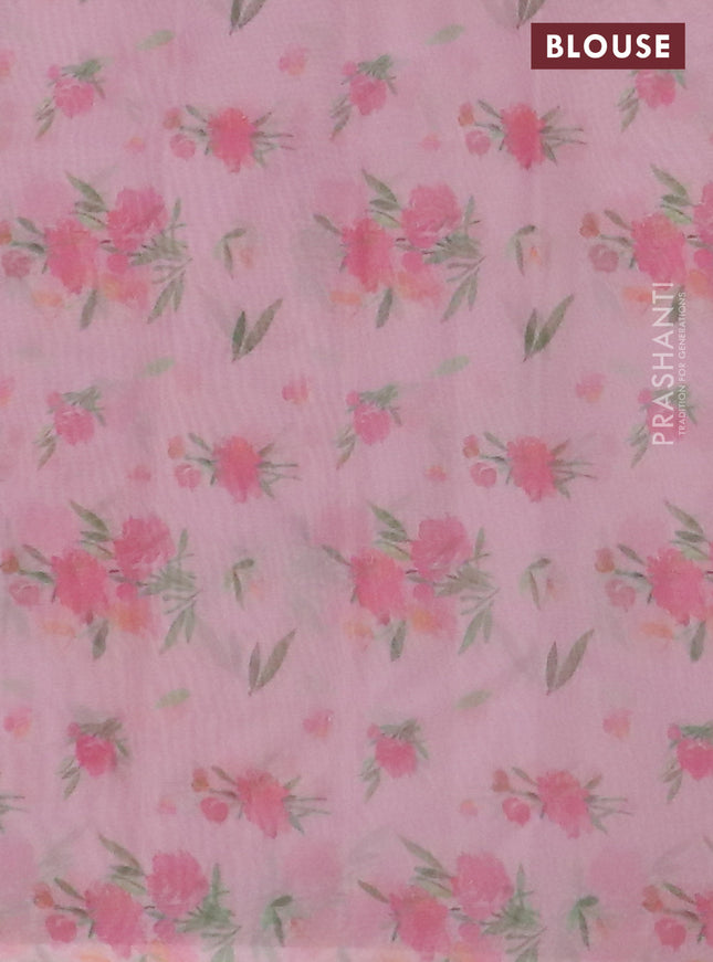 Semi organza saree peach pink with floral prints in borderless style