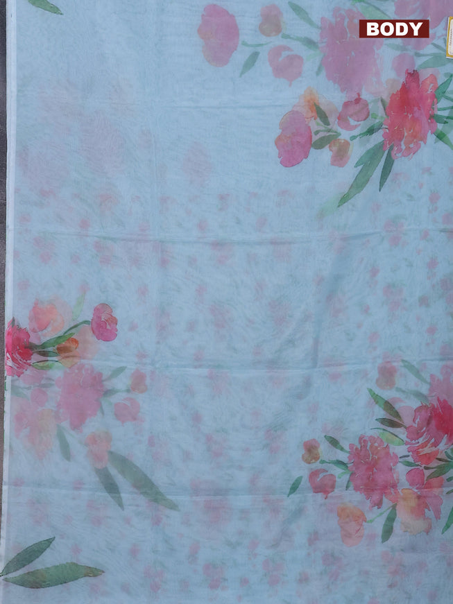 Semi organza saree light blue with floral prints in borderless style
