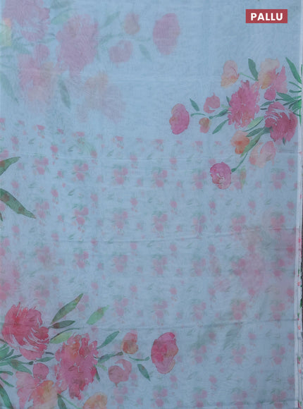Semi organza saree light blue with floral prints in borderless style