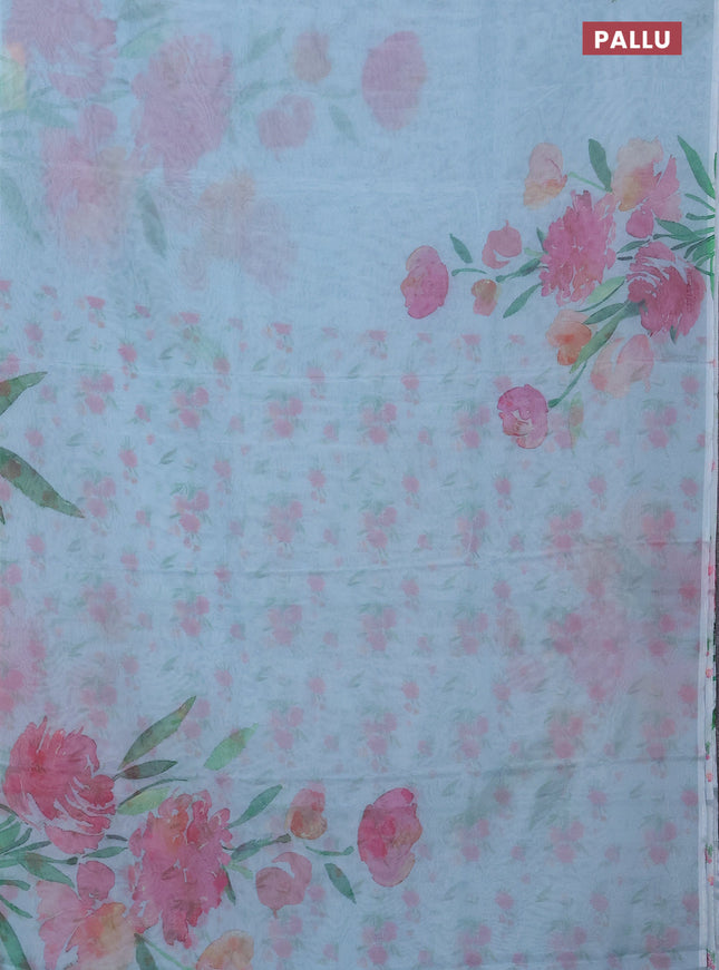 Semi organza saree light blue with floral prints in borderless style