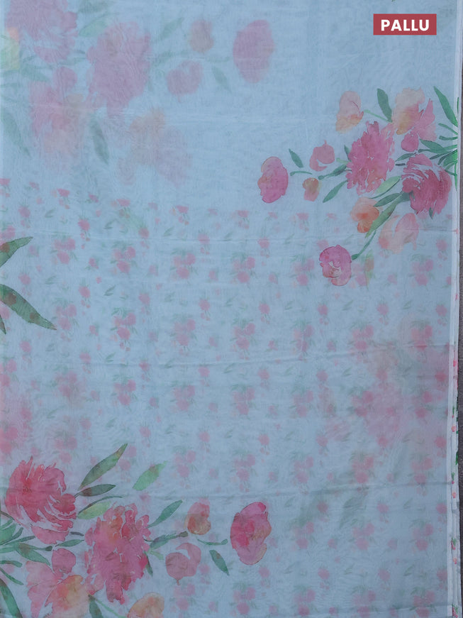 Semi organza saree light blue with floral prints in borderless style