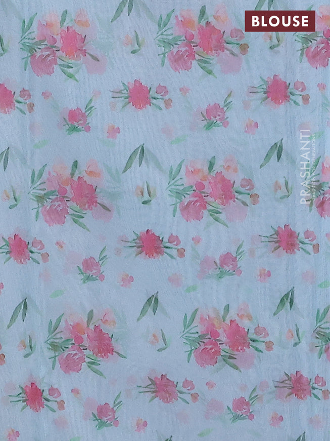 Semi organza saree light blue with floral prints in borderless style