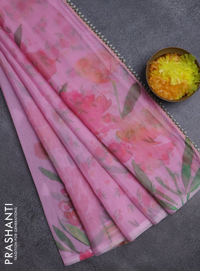 Semi organza saree light pink with floral prints in borderless style