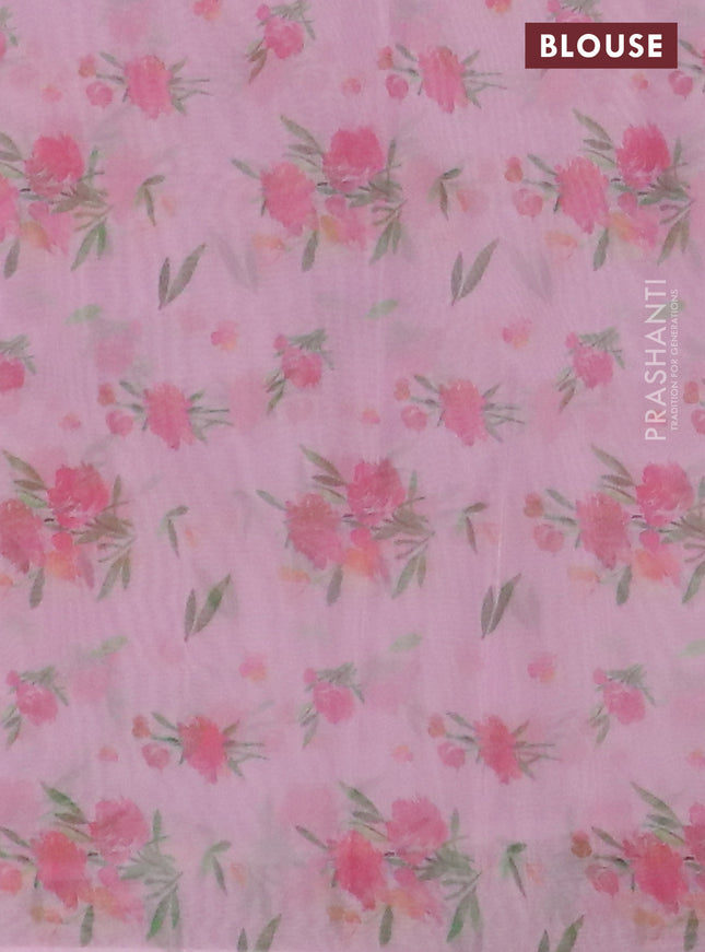 Semi organza saree light pink with floral prints in borderless style