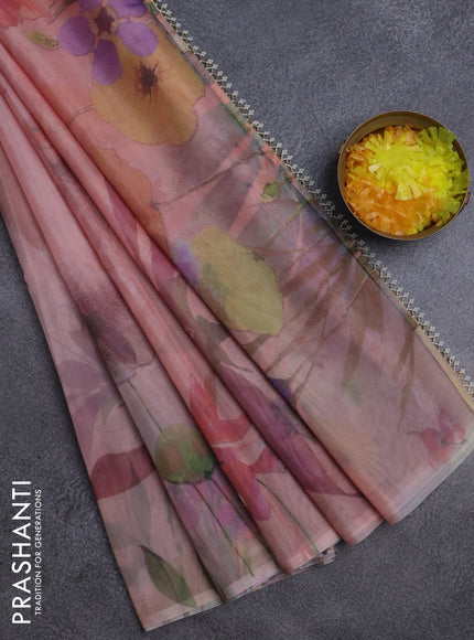 Semi organza saree pastel peach with floral prints in borderless style