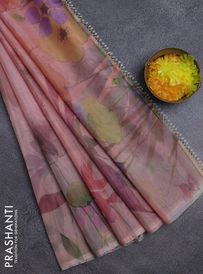 Semi organza saree pastel peach with floral prints in borderless style