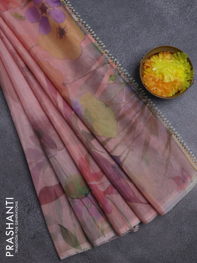 Semi organza saree pastel peach with floral prints in borderless style