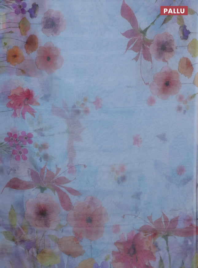 Semi organza saree pastel blue with floral prints in borderless style