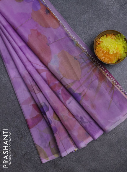 Semi organza saree lavender with floral prints in borderless style