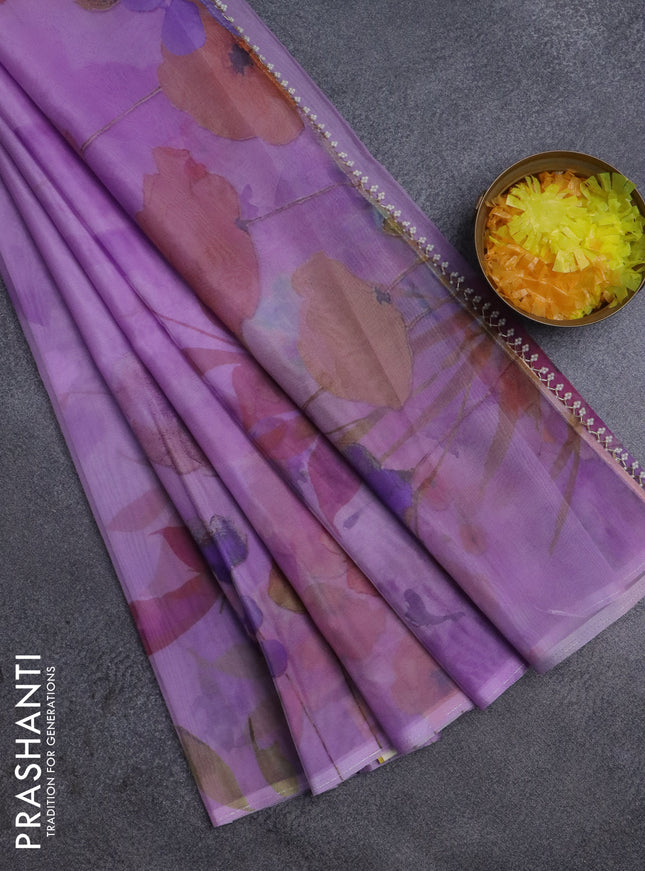 Semi organza saree lavender with floral prints in borderless style