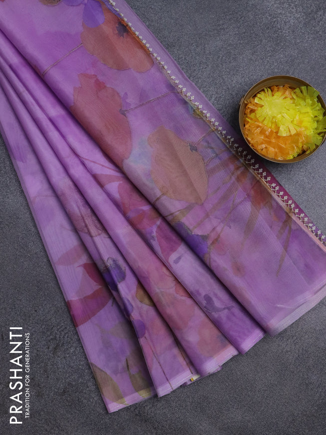 Semi organza saree lavender with floral prints in borderless style