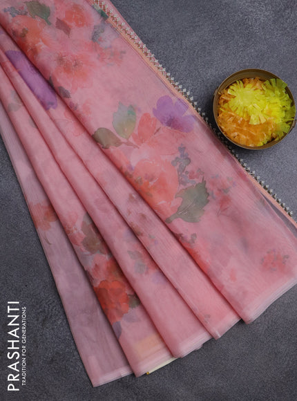 Semi organza saree mild peach with floral butta prints in borderless style