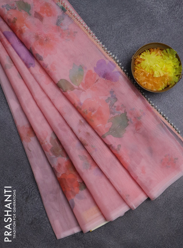 Semi organza saree mild peach with floral butta prints in borderless style