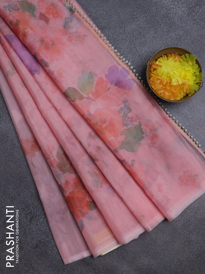 Semi organza saree mild peach with floral butta prints in borderless style